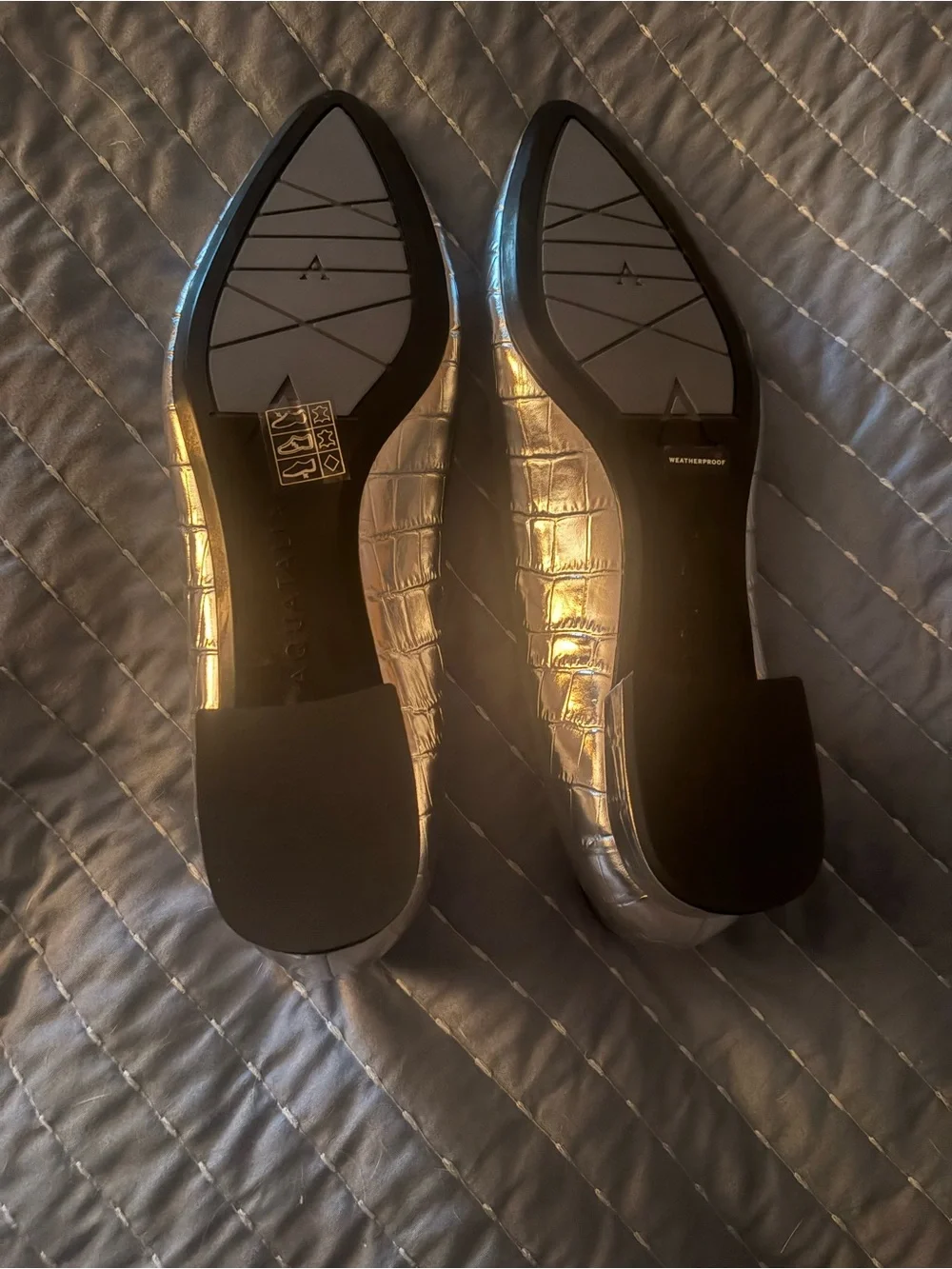 Aquatalia Silver Metallic Croc-Embossed Pointed Toe Slip-Ons